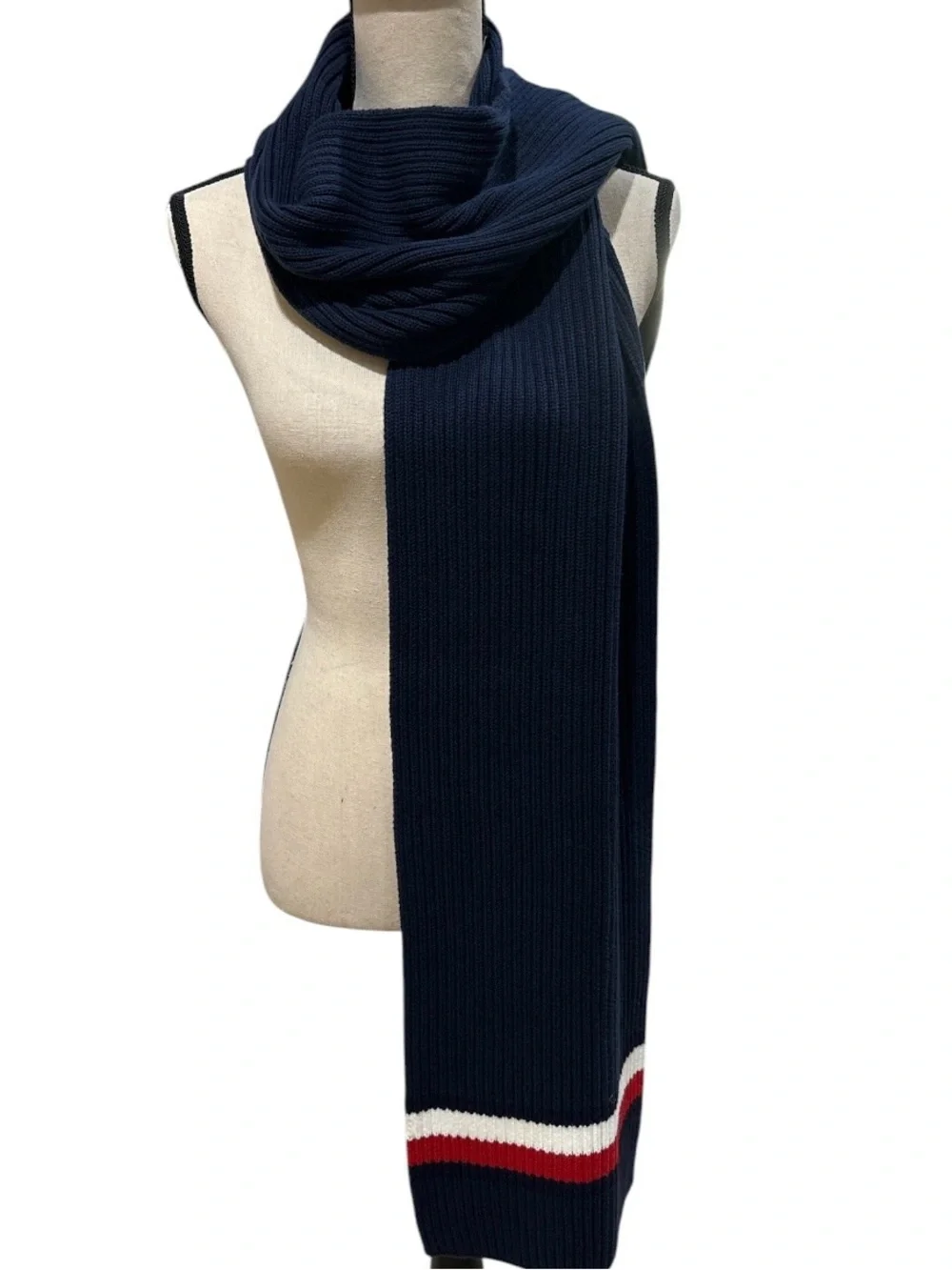 Tommy Hilfiger 90s Vintage Scarf Navy Ribbed Knit Preppy Embroidered Logo